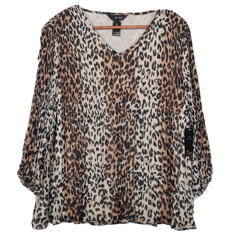 NEW Ali Miles Leopard Tunic Top Pleated Size XL